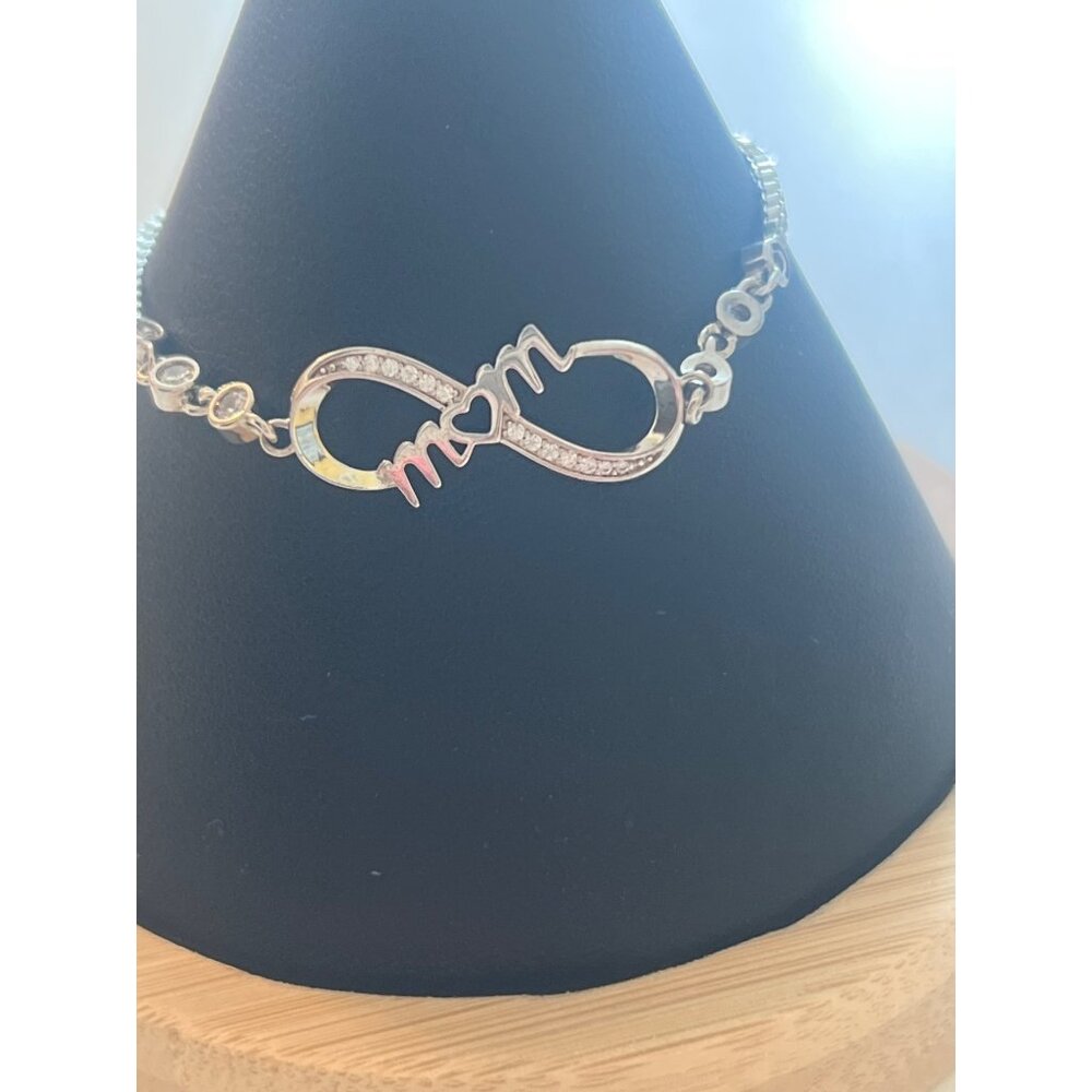 Silver Tone "Mom" Silver Adjustable Slide Bracelet Infinity Clear Rhinestones